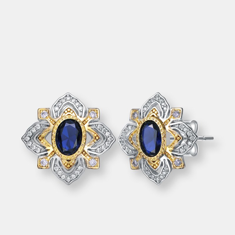Rachel Glauber Rhodium And 14k Gold Plated Sapphire Cubic Zirconia Stud Earrings In Blue