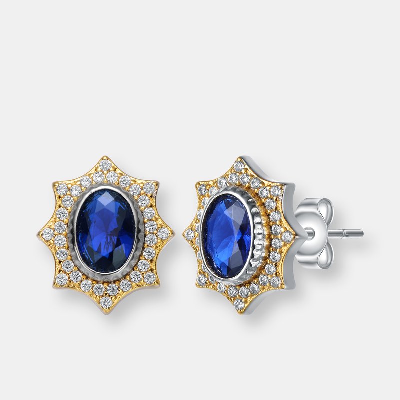 Shop Rachel Glauber Rhodium And 14k Gold Plated Sapphire Cubic Zirconia Stud Earrings In Blue