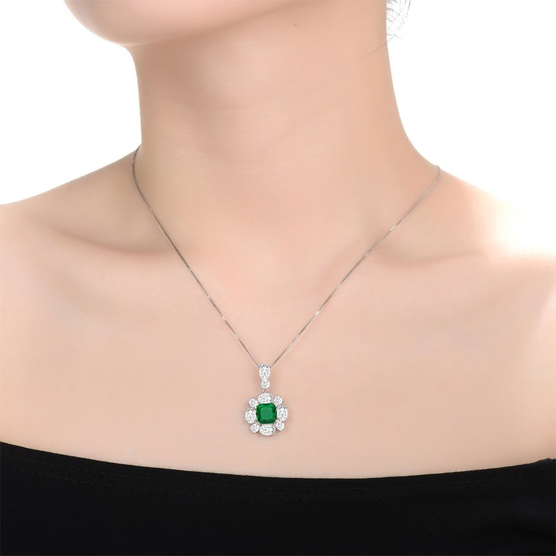Shop Rachel Glauber White Gold Plated Green And White Cubic Zirconia Accent Pendant Necklace In Grey