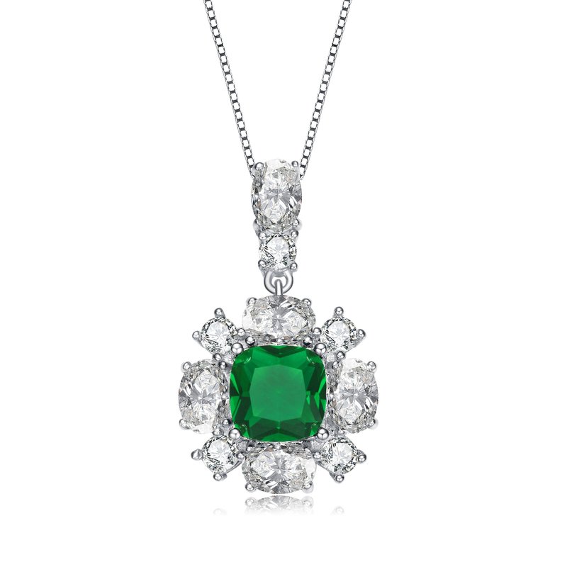 Shop Rachel Glauber White Gold Plated Green And White Cubic Zirconia Accent Pendant Necklace In Grey