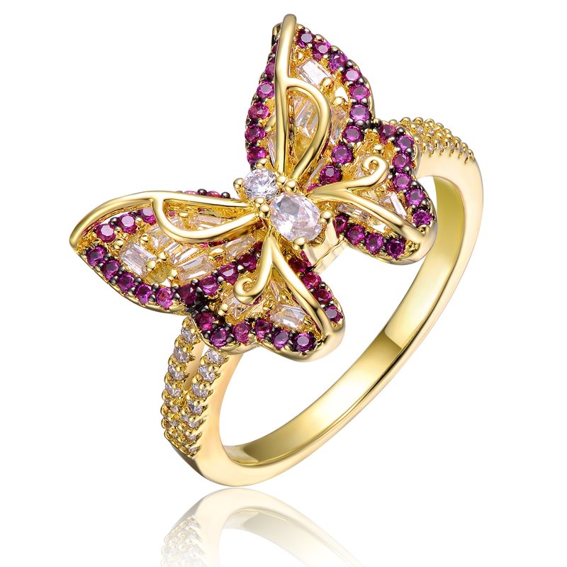 Shop Rachel Glauber Young Adults/teens 14k Yellow Gold Plated With Amethyst & Cubic Zirconia Butterfly Split Top Ring