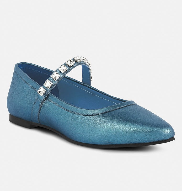 Shop Rag & Co Alverno Metallic Diamante Mary Jane Leather Flats In Blue