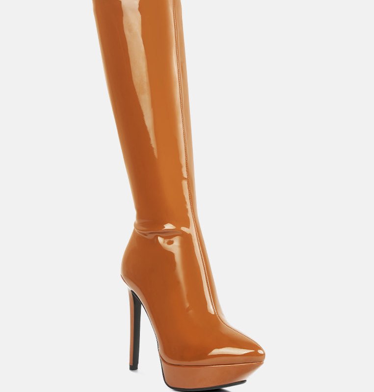 Rag & Co Chatton Tan Patent Stiletto High Heeled Calf Boots In Brown