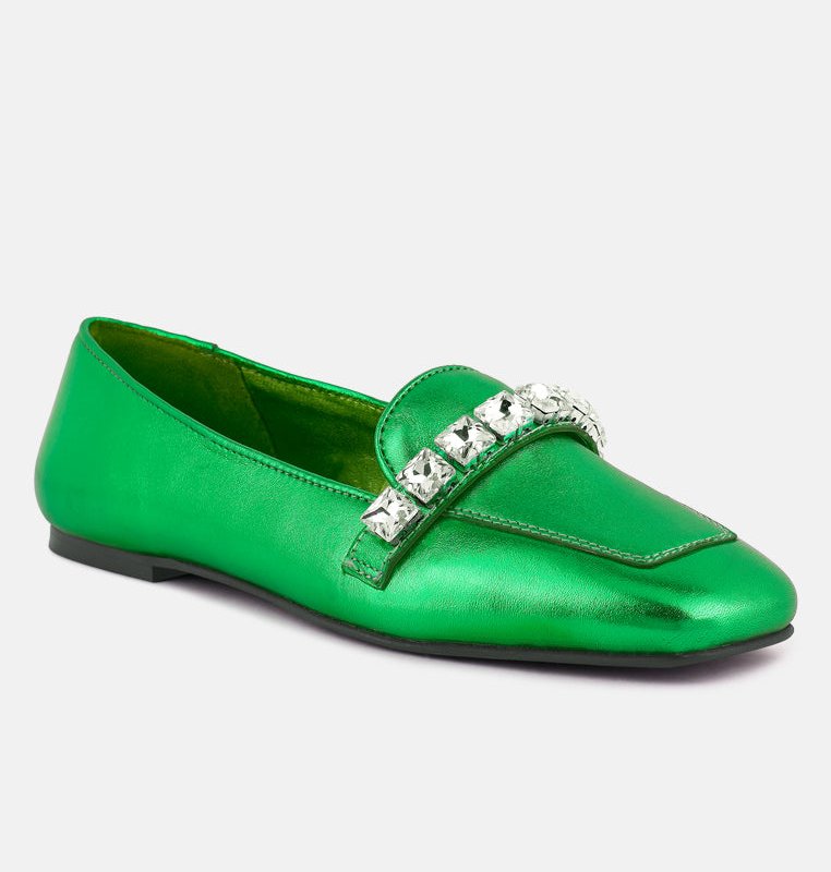 RAG & CO CHURROS DIAMANTE EMBELLISHED METALLIC LOAFERS IN GREEN