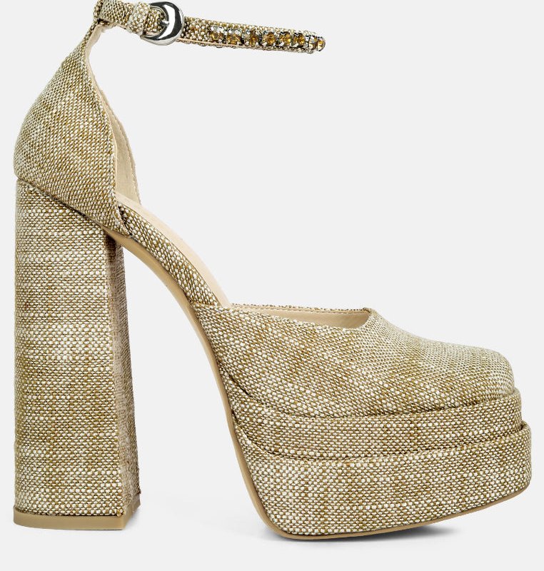 Shop Rag & Co Cosette Diamante Embellished Ankle Strap High Block Heel Sandals In Beige In Brown