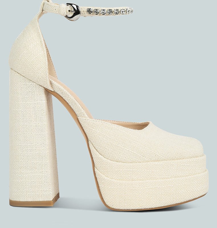 Shop Rag & Co Cosette Diamante Embellished Ankle Strap High Block Heel Sandals In Off White