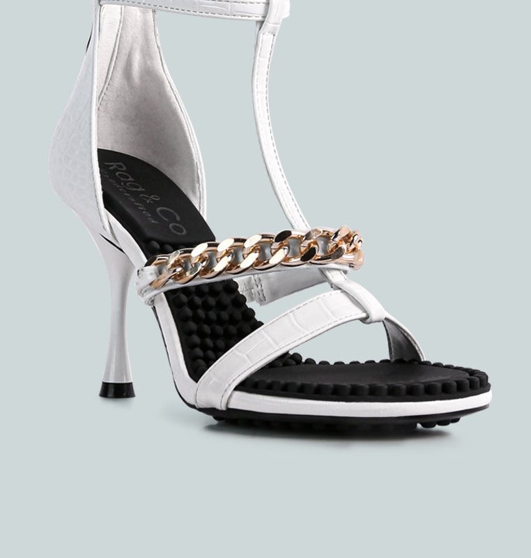 Shop Rag & Co Dakota White Metal Chain Mid Heel Sandals