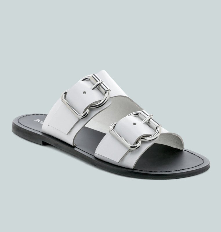 RAG & CO KELLY WHITE FLAT SANDAL WITH BUCKLE STRAPS