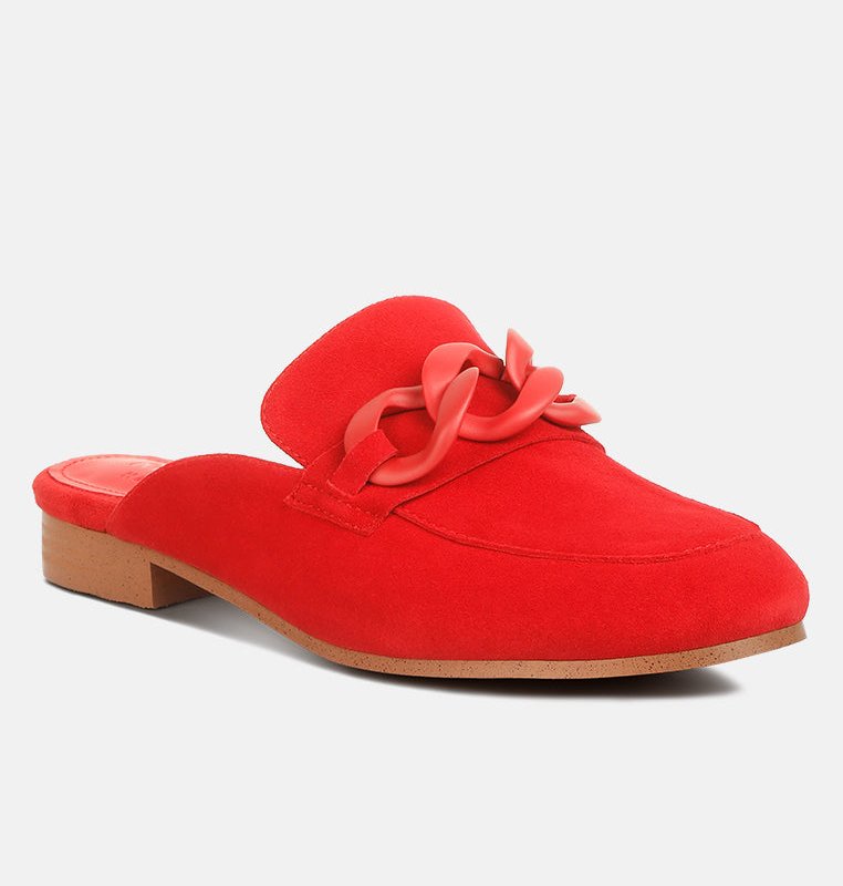 RAG & CO KRIZIA CHUNKY CHAIN SUEDE SLIP ON MULES IN RED