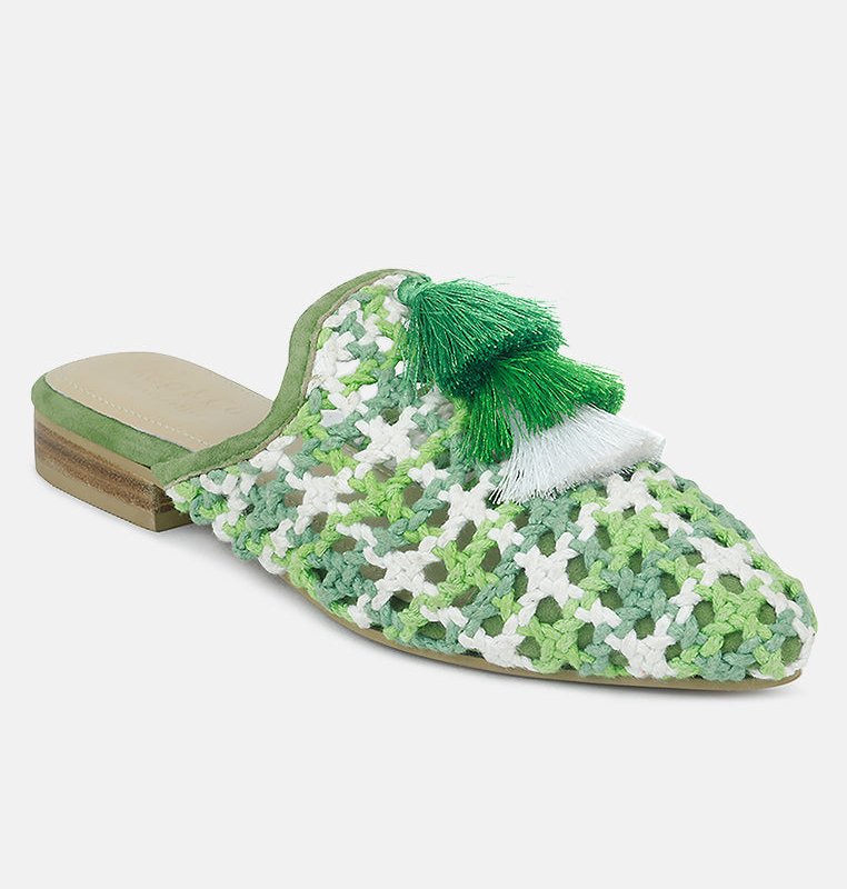Shop Rag & Co Mariana Green Woven Flat Mules With Tassels