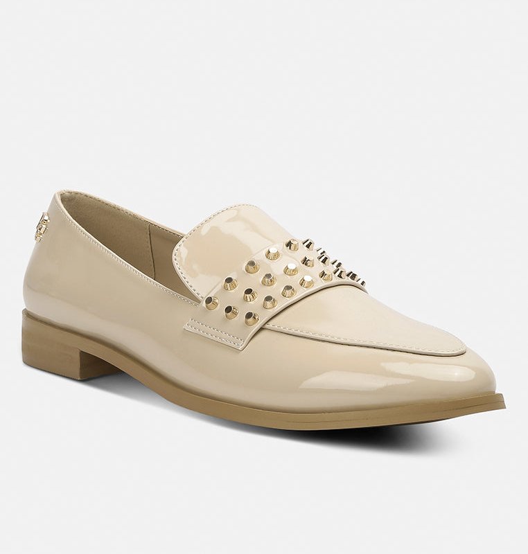 Shop Rag & Co Meanbabe Semicasual Stud Detail Patent Loafers In Beige In Brown