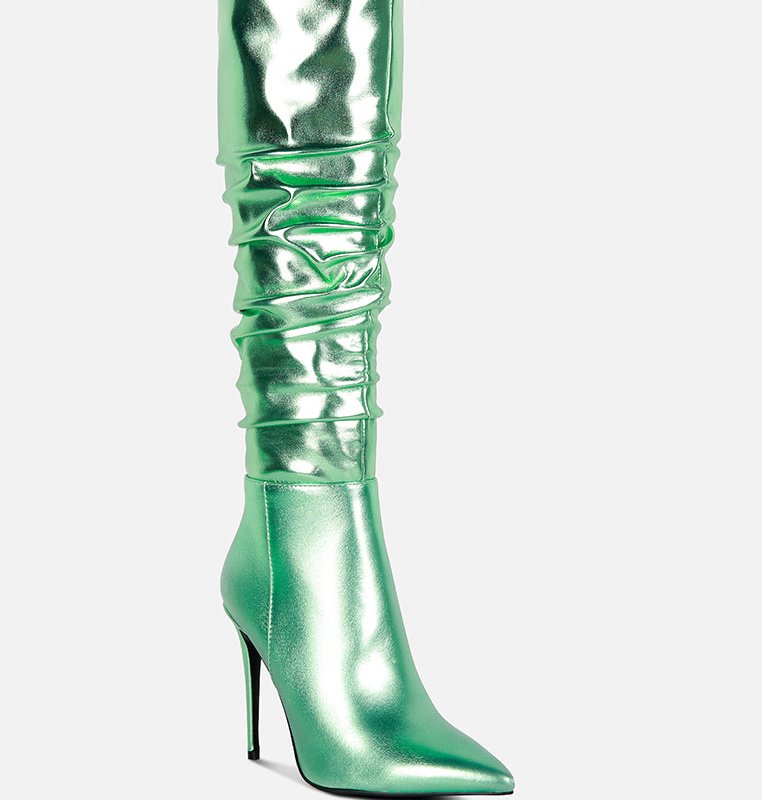 RAG & CO NEW EXPESSION MINT GREEN METALLIC RUCHED STILETTO CALF BOOTS