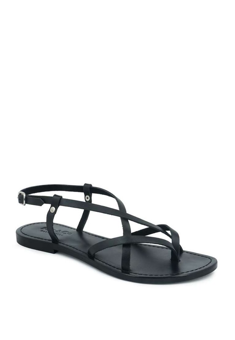 Rita Black Strappy Flat Leather Sandals - Black