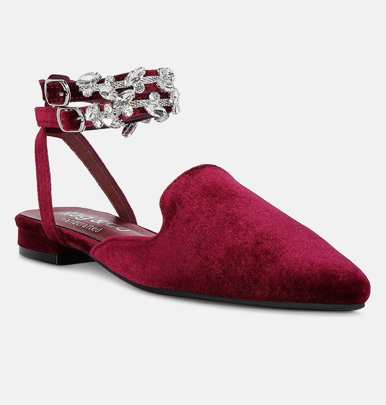 Shop Rag & Co Salome Burgundy Velvet Luxe Jewelled Flat Mules In Red