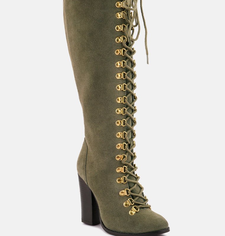 Shop Rag & Co Sleet-slay Antique Eyelets Lace Up Knee Boots In Olive In Green