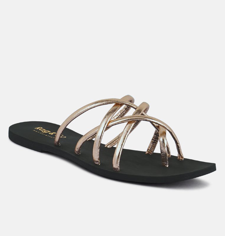 Shop Rag & Co Sweetin Rose Gold Strappy Flat Slip On Sandals In Pink