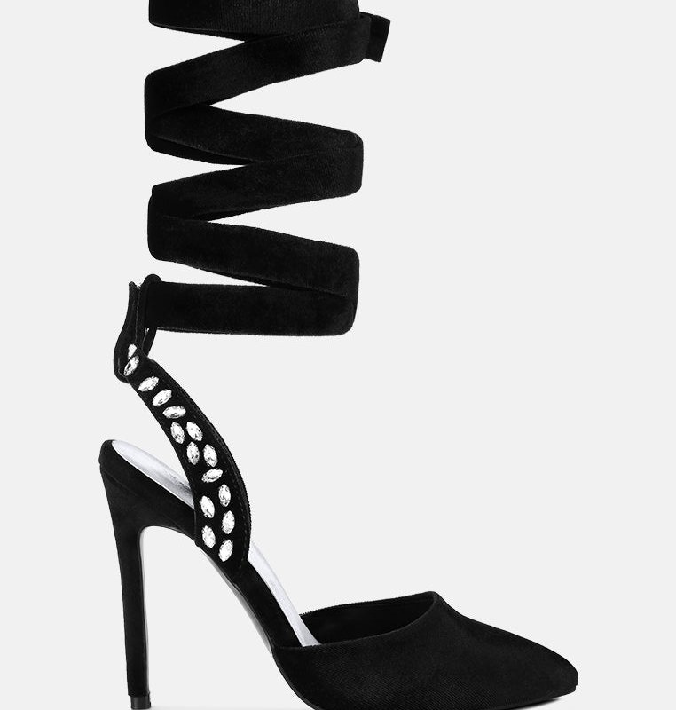 Shop Rag & Co Wallis Black Diamante Embellished Tie Up Stiletto Sandals
