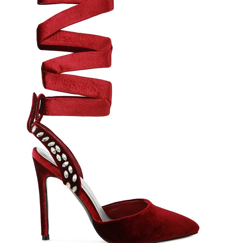 Rag & Co Wallis Burgundy Diamante Embellished Tie Up Stiletto Sandals In Red