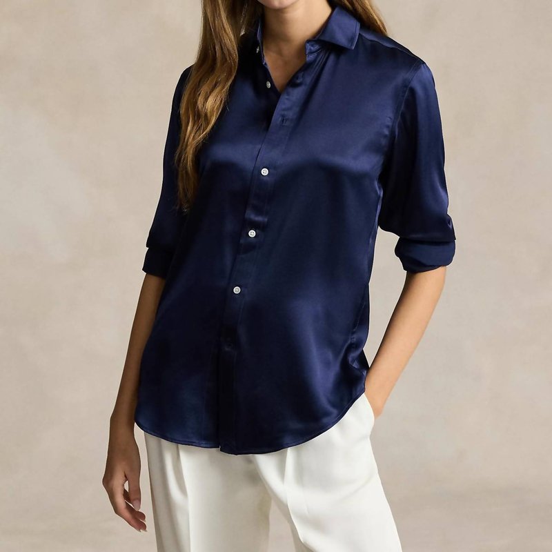 Shop Ralph Lauren Polo Classic Fit Silk Shirt In Newport Navy In Blue