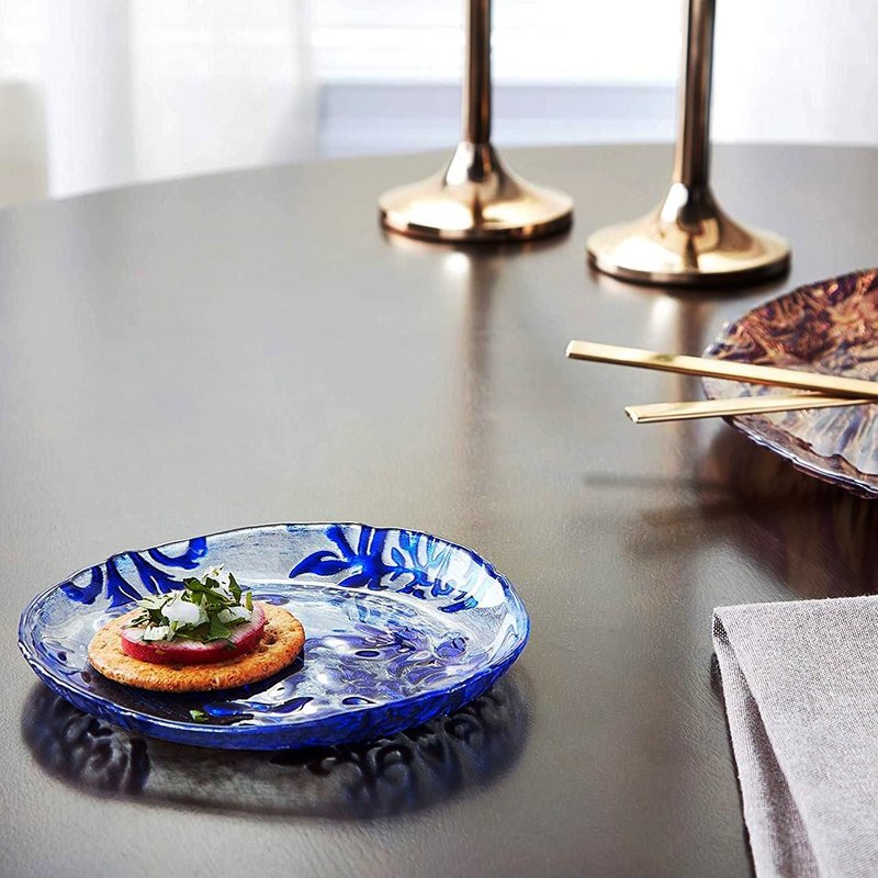 Shop Red Pomegranate Collection Damask Set/4 6.5" Gilded Glass Canapé Plates In Blue