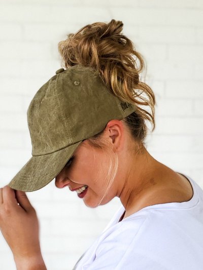 Red Sprite Hats Hidden Messy Bun Baseball Cap - Military Green Hat product