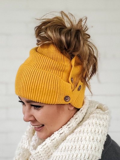 Red Sprite Hats Slouchy Mustard Button Up Beanie | Hidden Messy Bun Hat Opening product