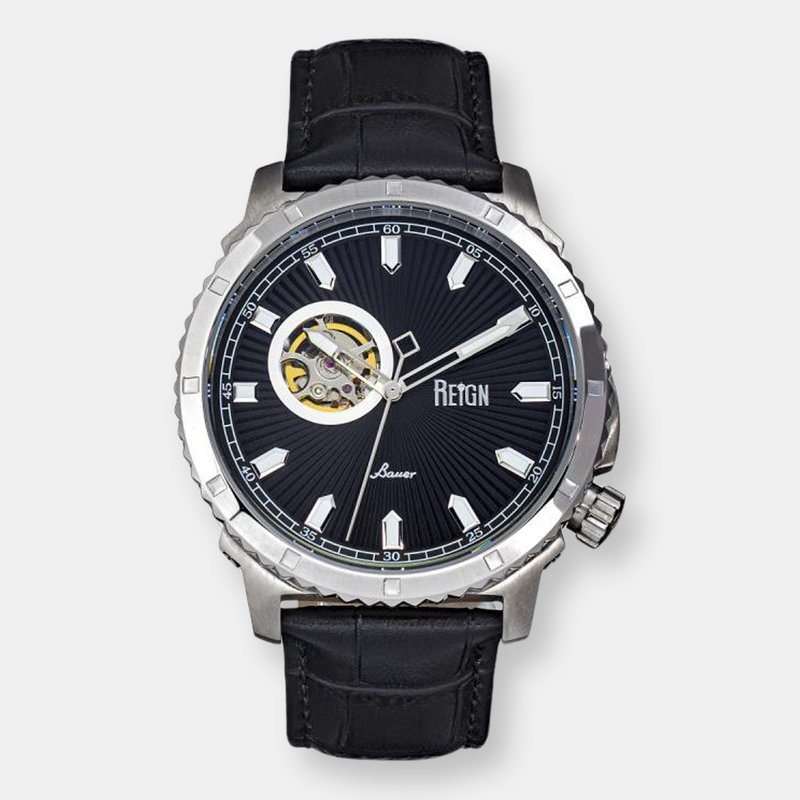 Reign Watches Reign Bauer Automatic Semi-skeleton Leather-band Watch In Black