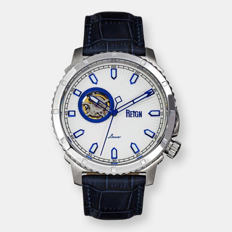 Reign Watches Reign Bauer Automatic Semi-skeleton Leather-band Watch In Blue