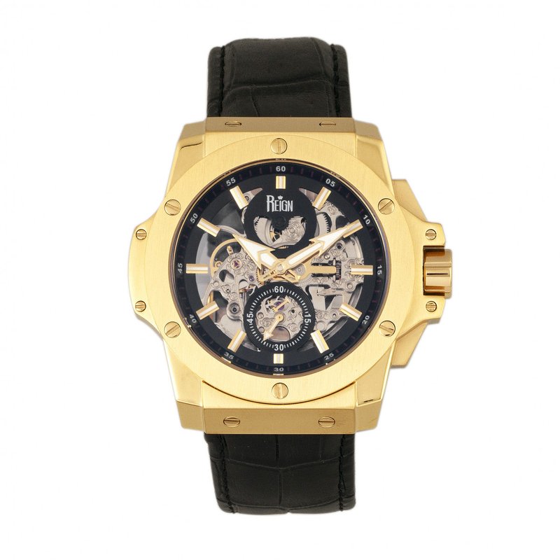 Reign Watches Reign Commodus Automatic Skeleton Leather-band Watch In Black