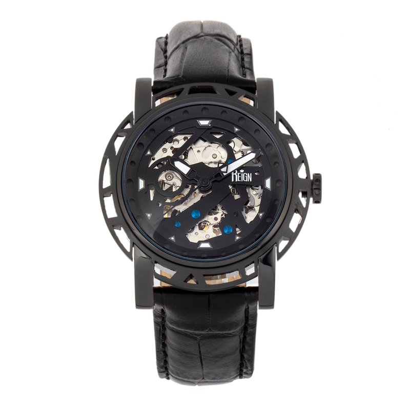 Reign Watches Reign Stavros Automatic Skeleton Leather-band Watch In Black