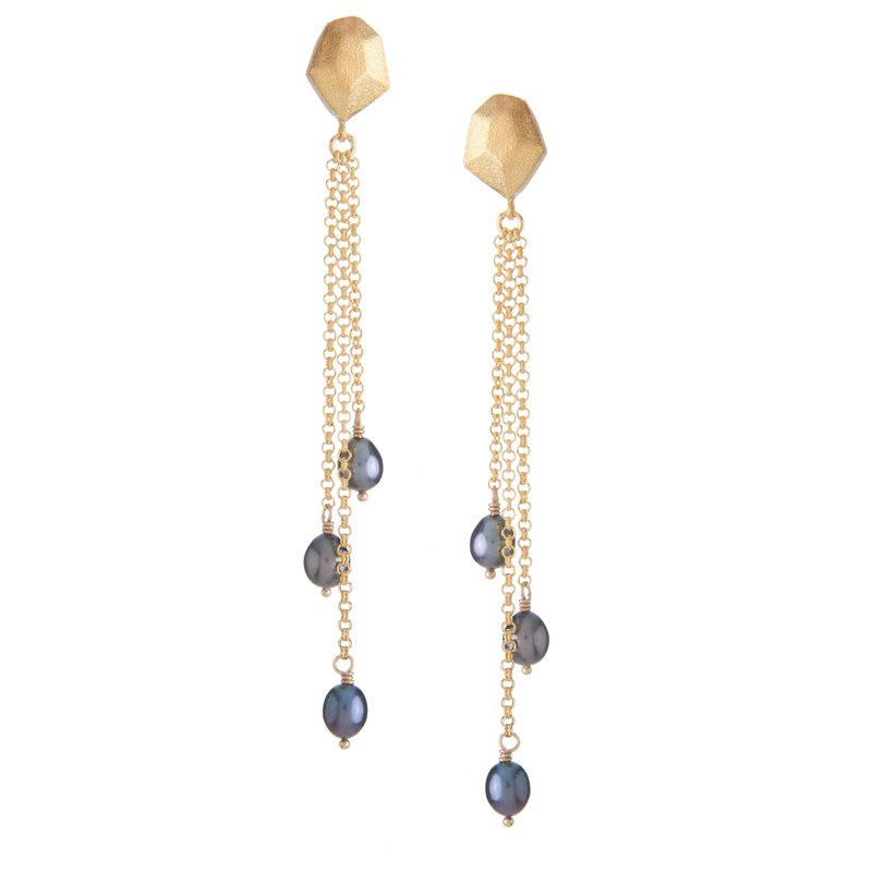 Rivka Friedman Black Pearl Multi Dangle Earrings In Gold