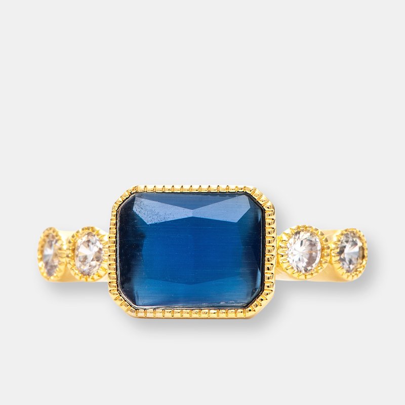 Rivka Friedman Cat's Eye Navy Crystal Rectangular Bezel + Cubic Zirconia Ring In Blue