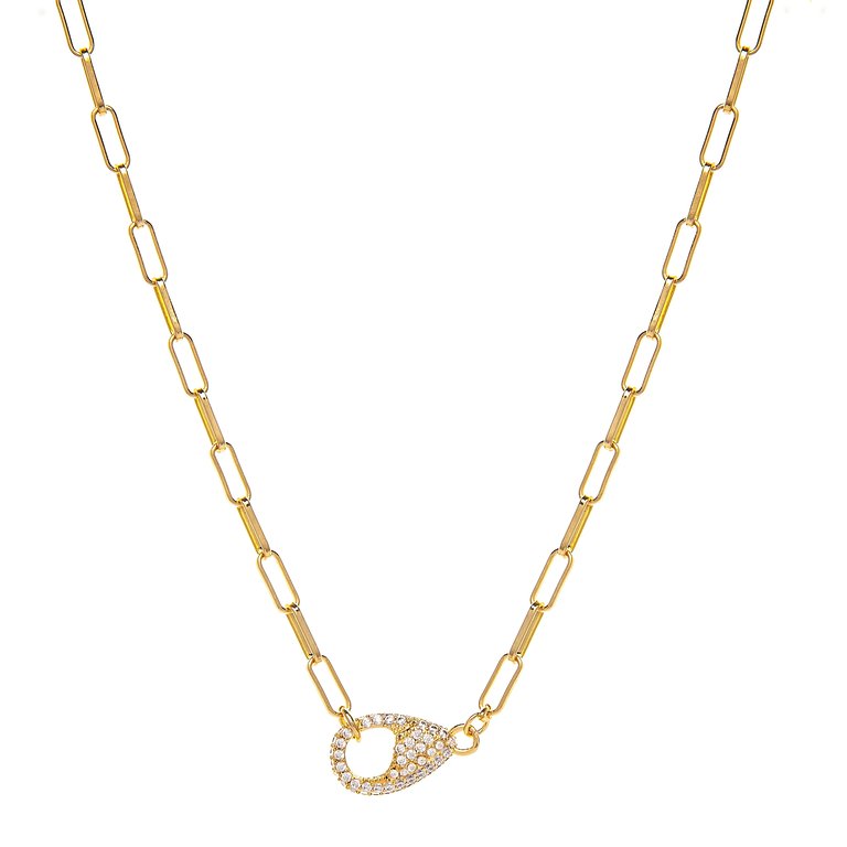 Pave Cubic Zirconia Lobster Clasp Necklace On Paper Clip Chain - Gold