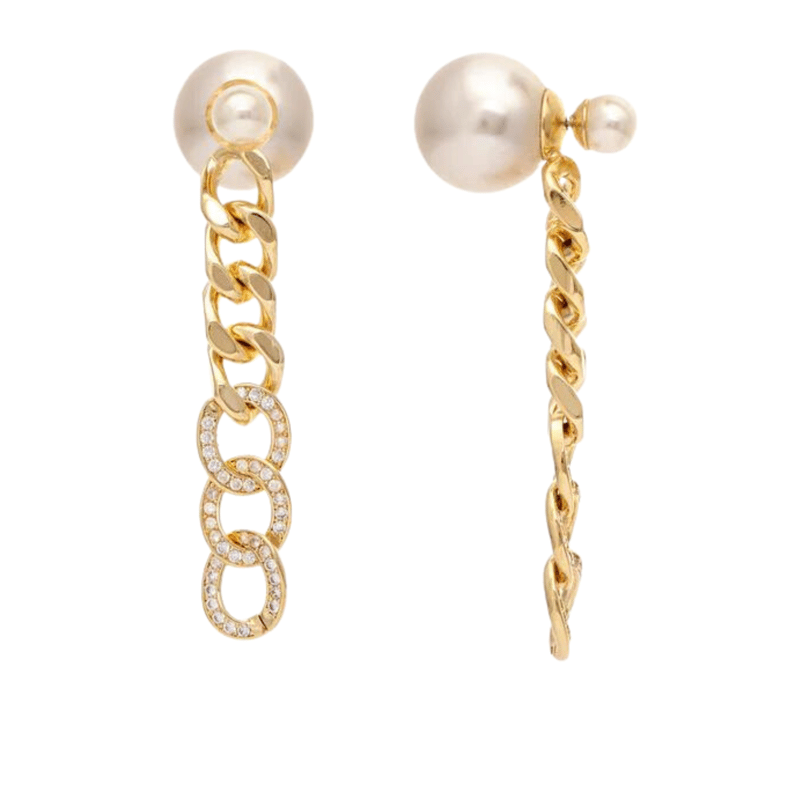 Rivka Friedman Pearl Front-back + Cubic Zirconia Chain Dangle Earrings In Gold