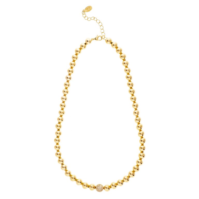 Polished Bead Strand Necklace With Cz Accent - Gold