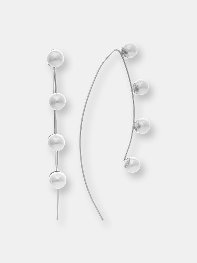 Rhodium Long Wire Pearl Earrings - Silver