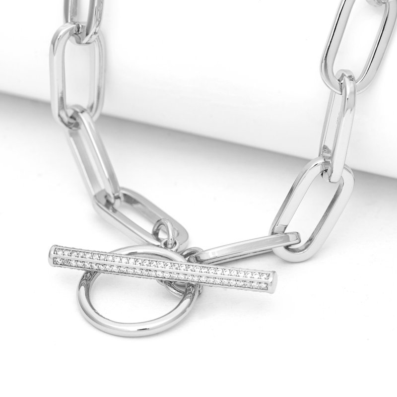 Rivka Friedman Rhodium Paper Clip Chain + Cubic Zirconia Toggle Necklace In Grey