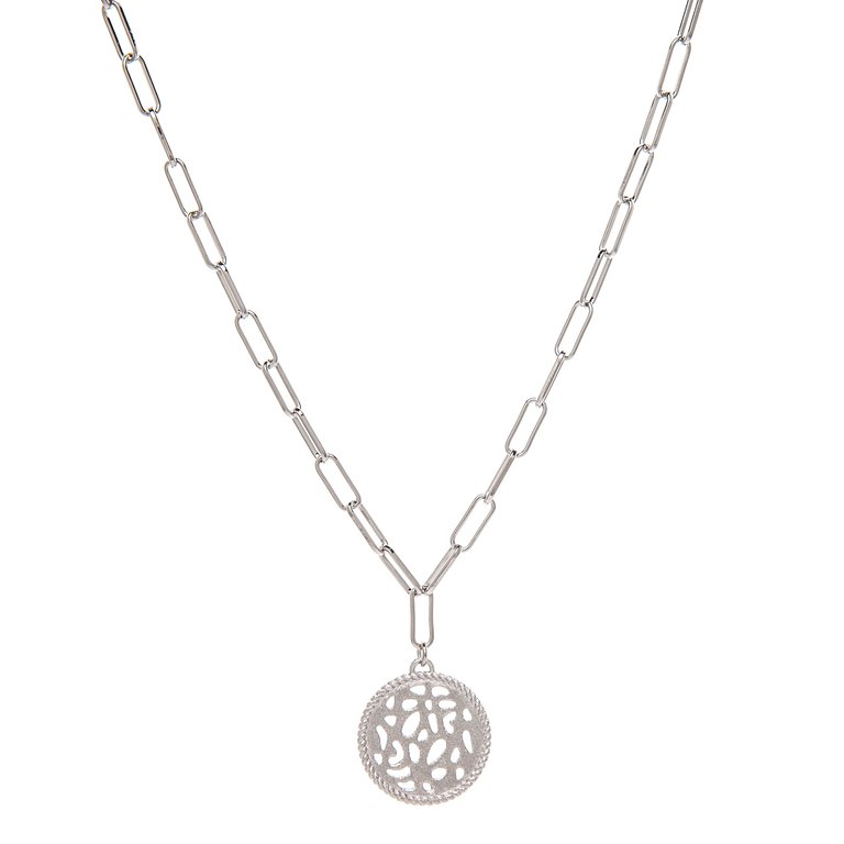 White Rhodium Filagree Disc Paper Clip Pendant Necklace - Silver
