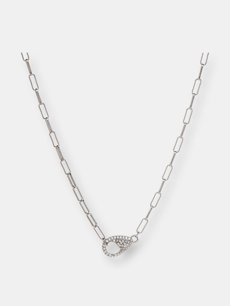 White Rhodium Pave Cubic Zirconia Lobster Clasp Necklace On Paper Clip Chain - Silver