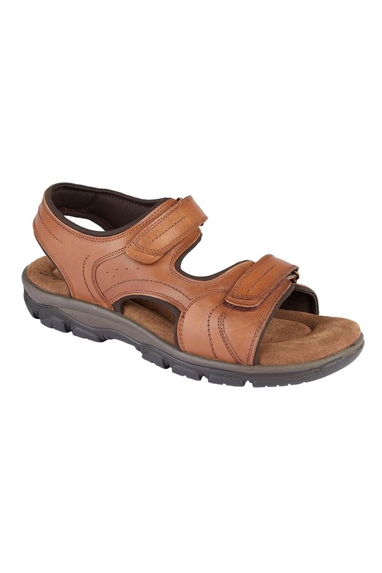 Mens Leather Twin Touch Fastening Sandal - Tan - Tan