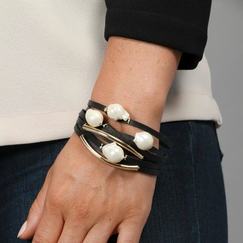 Saachi Style Achai Pearl Double Wrap Leather Bracelet In Black