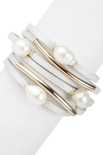 Saachi Style Achai Pearl Double Wrap Leather Bracelet In White