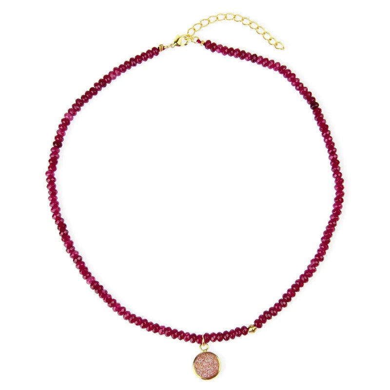 Saachi Style Agate Gemstone Beads Choker With Druzy Pendant In Red
