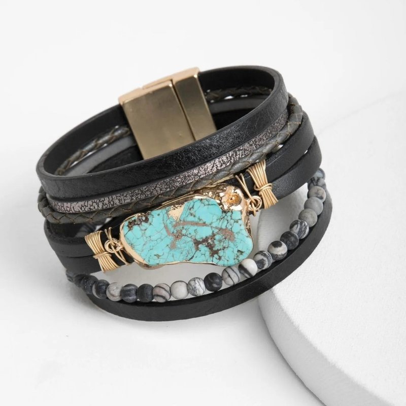 Saachi Style Aquamare Leather Bracelet In Black