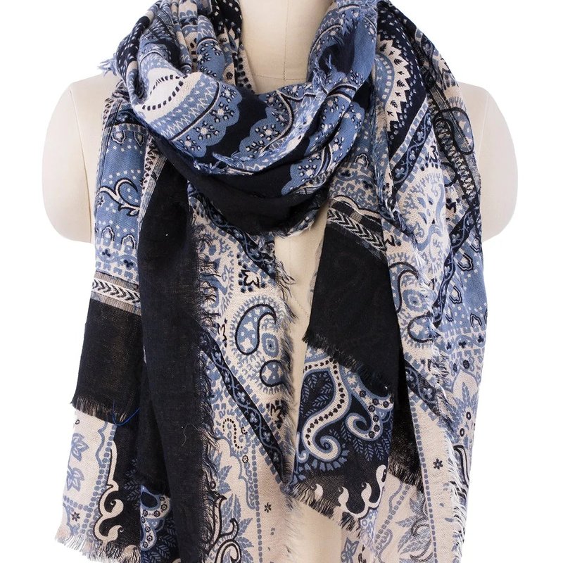 Saachi Style Barba Frayed Patchwork Scarf In Blue