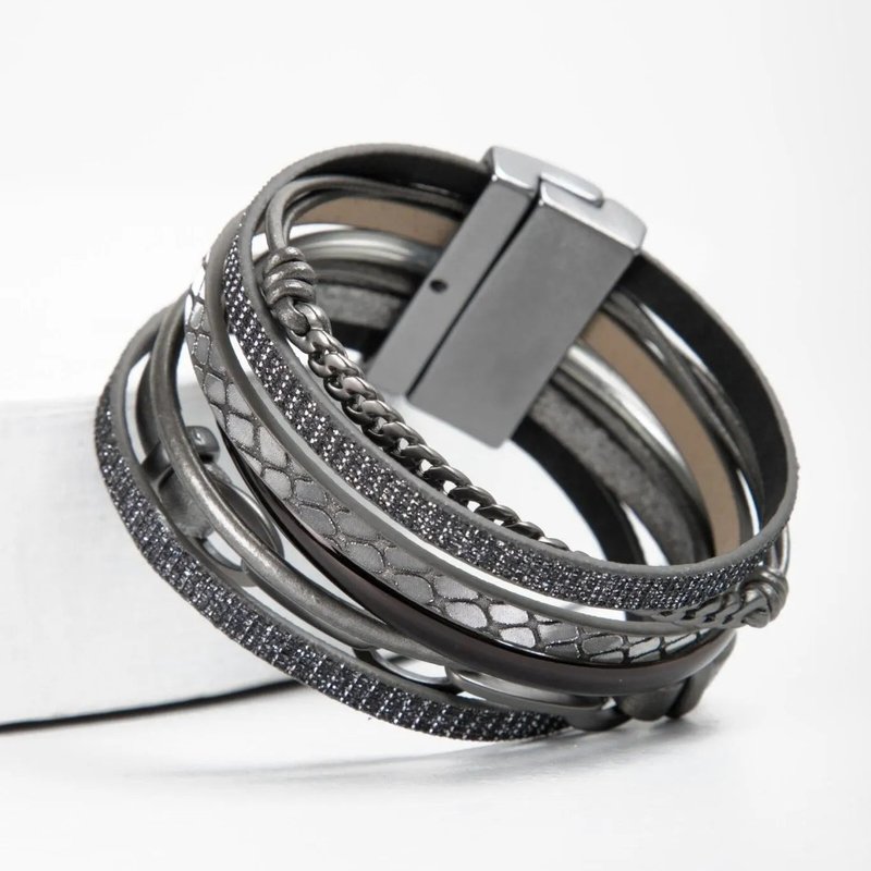 Saachi Style Brink Chain Link Leather Bracelet In Grey