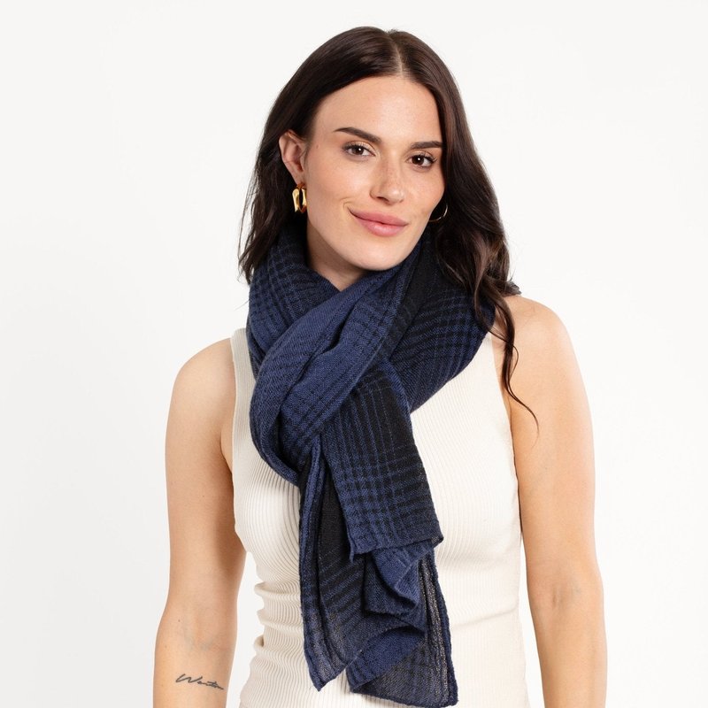 Saachi Style Faded Two Toned Plaid Scarf In Blue