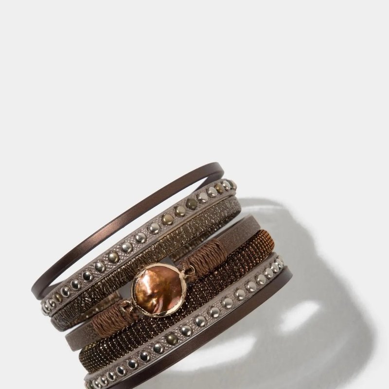 Saachi Style Fiery Copper Freshwater Pearl And Leather Bracelet In Brown