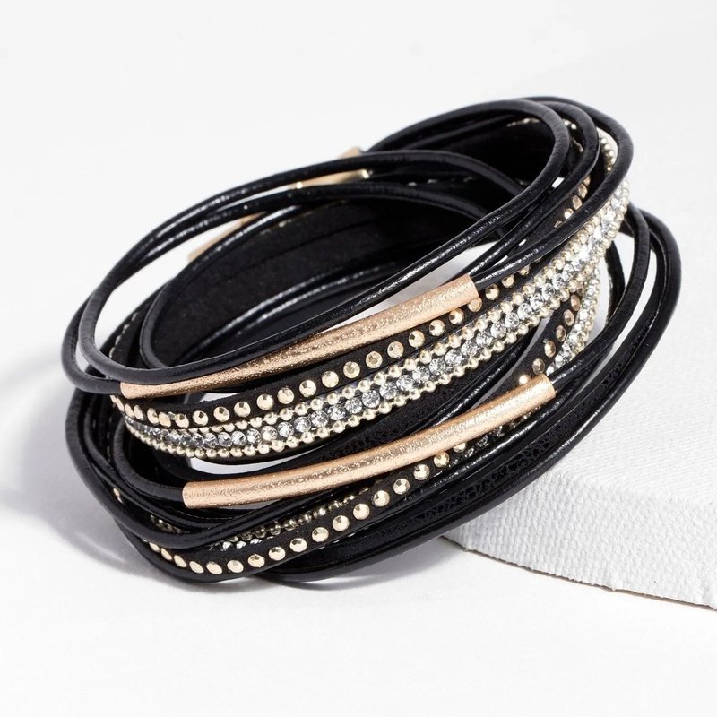 Saachi Style Flaunt Double Wrap Leather Bracelet In Black
