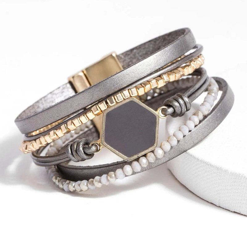 Saachi Style Hexa Leather Bracelet In Grey